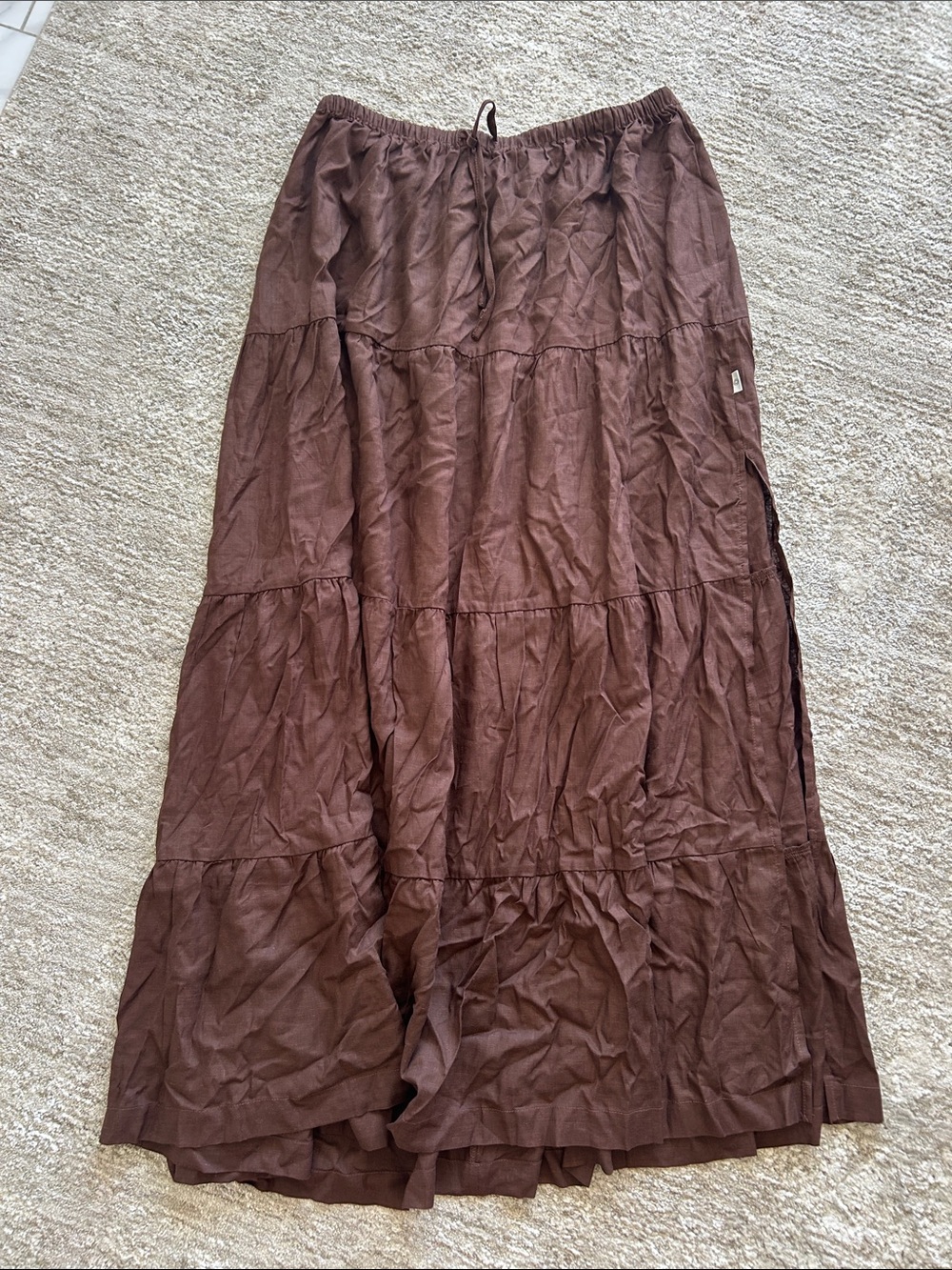 Rhythm Women's Brown Tiered Maxi Skirt - Casual Elastic Waist with Slit
